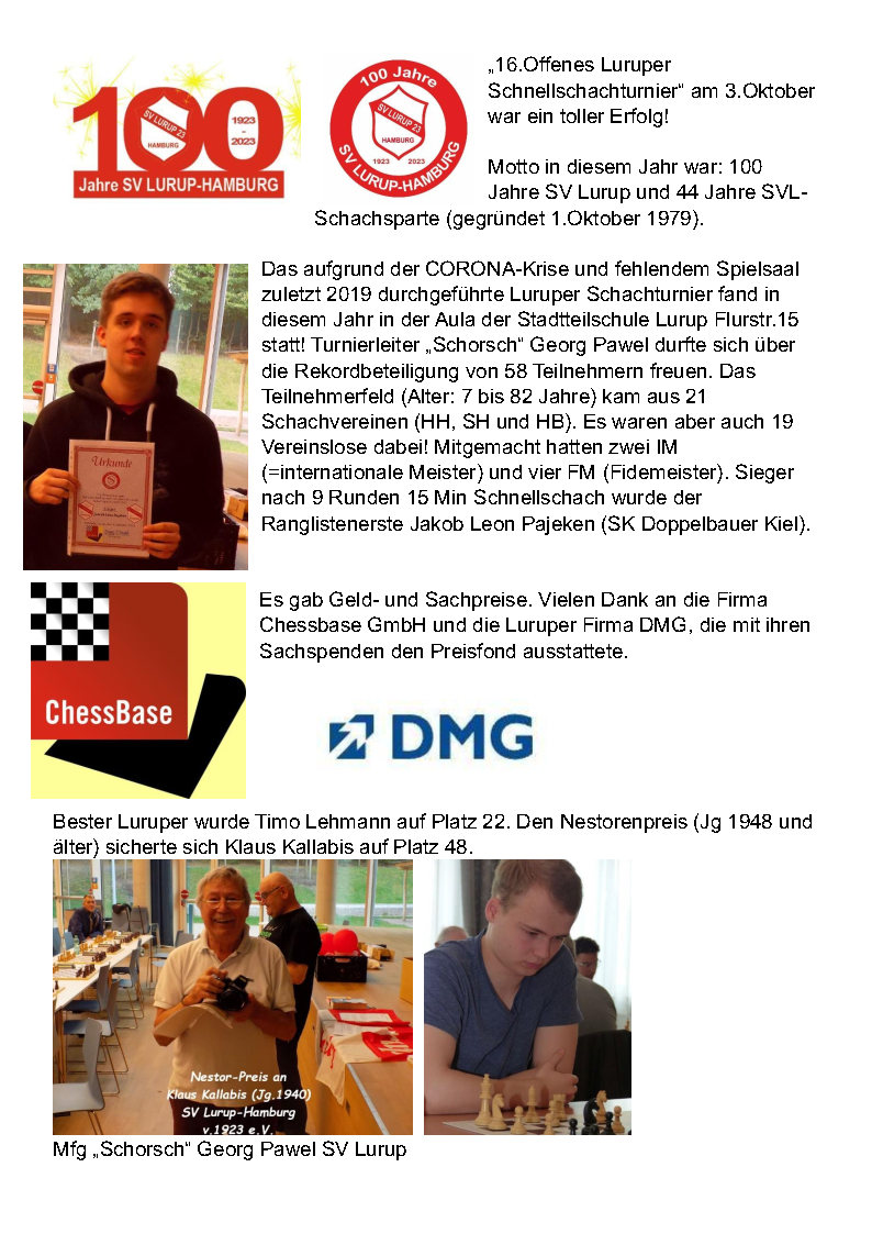 Bericht vom 11.Oktober 2023 ber das Luruper Schnellschachturnier