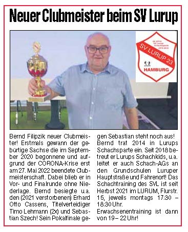Bernd Filipzik neuer Clubmeister!